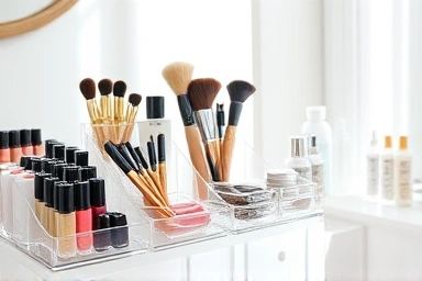 Organized vanity with clear acrylic makeup organizers.